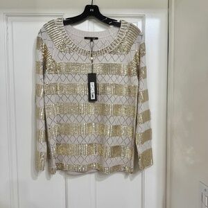 NEW with Tags $398 Kobi Halperin Wool Sweater Gold Sequins and Cream Color sz M